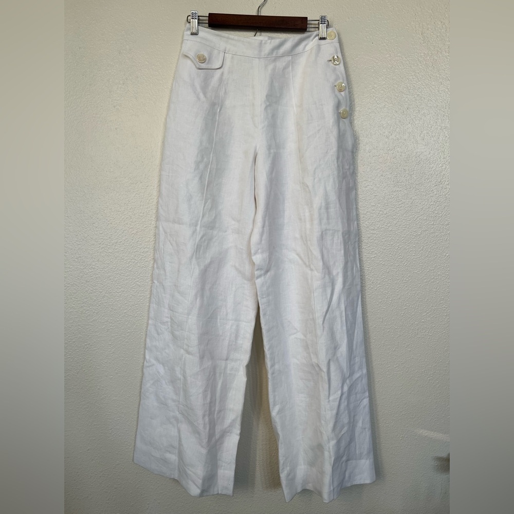 J.Peterman White Linen Button High Rise Wide Leg Pants - Picture 5 of 6